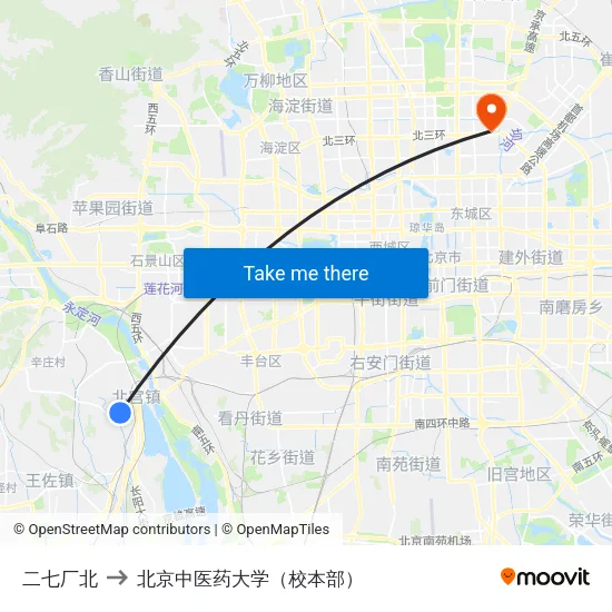 二七厂北 to 北京中医药大学（校本部） map