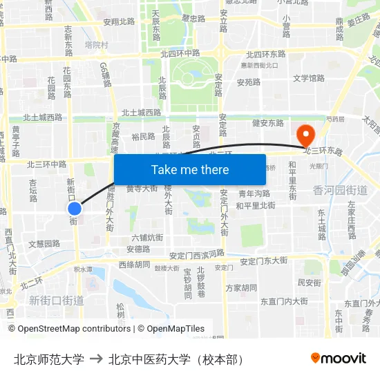 北京师范大学 to 北京中医药大学（校本部） map