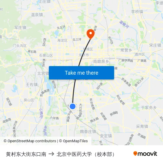 黄村东大街东口南 to 北京中医药大学（校本部） map