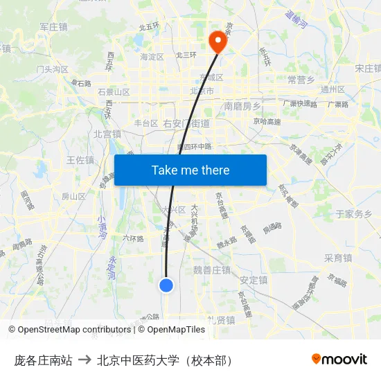 庞各庄南站 to 北京中医药大学（校本部） map