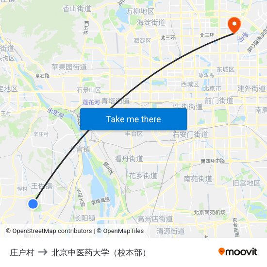 庄户村 to 北京中医药大学（校本部） map
