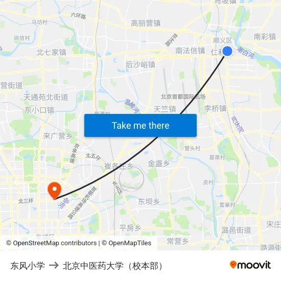东风小学 to 北京中医药大学（校本部） map