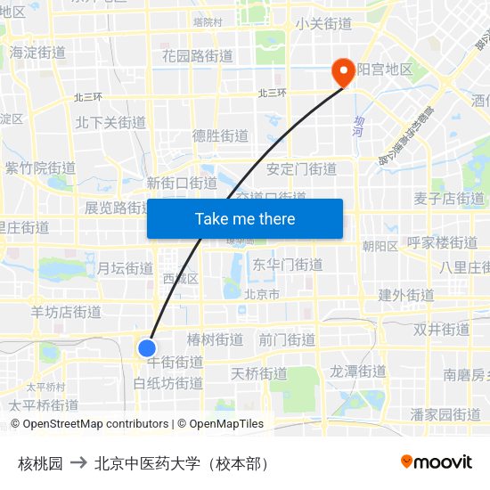 核桃园 to 北京中医药大学（校本部） map
