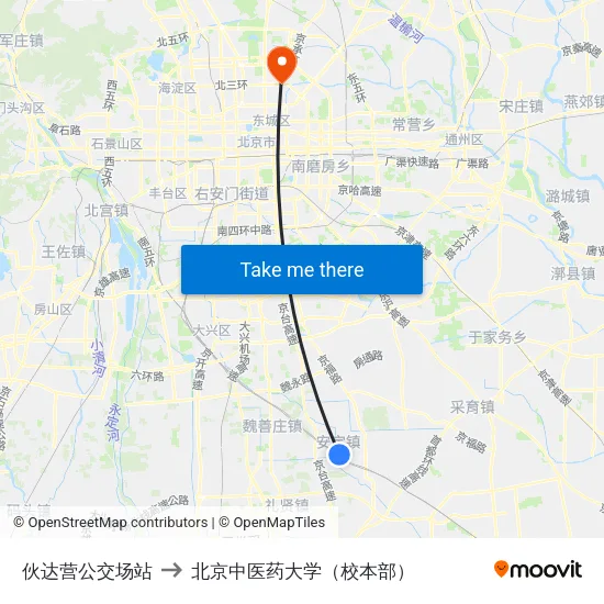 伙达营公交场站 to 北京中医药大学（校本部） map