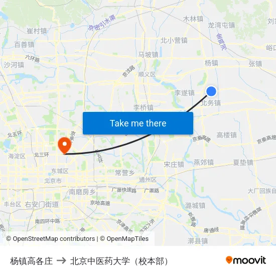 杨镇高各庄 to 北京中医药大学（校本部） map
