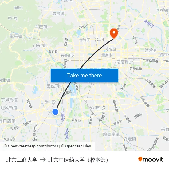 北京工商大学 to 北京中医药大学（校本部） map