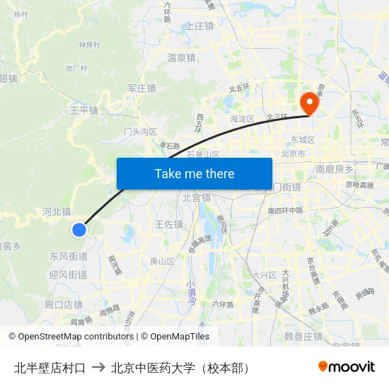 北半壁店村口 to 北京中医药大学（校本部） map