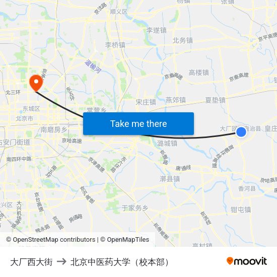 大厂西大街 to 北京中医药大学（校本部） map