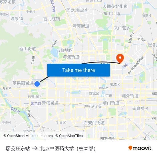 廖公庄东站 to 北京中医药大学（校本部） map