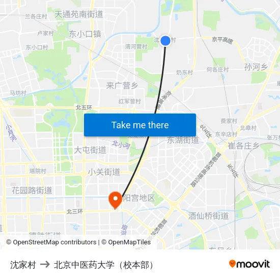 沈家村 to 北京中医药大学（校本部） map