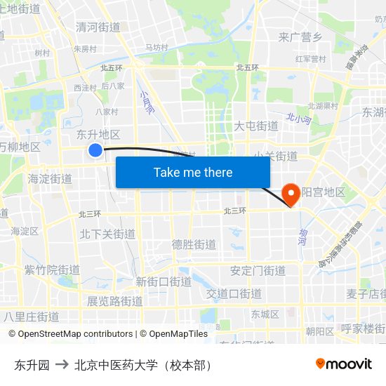 东升园 to 北京中医药大学（校本部） map