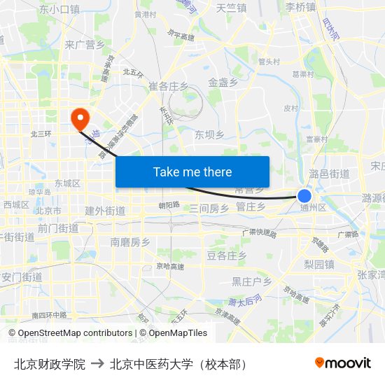 北京财政学院 to 北京中医药大学（校本部） map