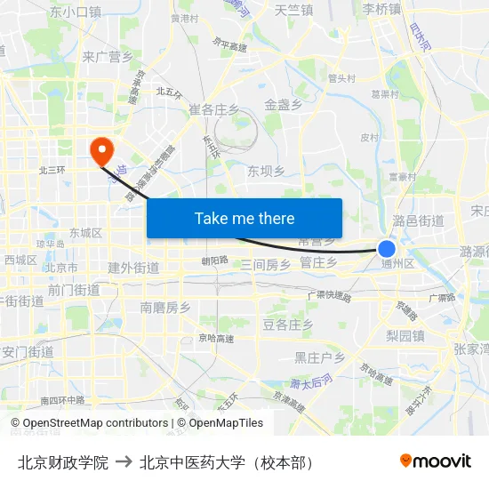 北京财政学院 to 北京中医药大学（校本部） map