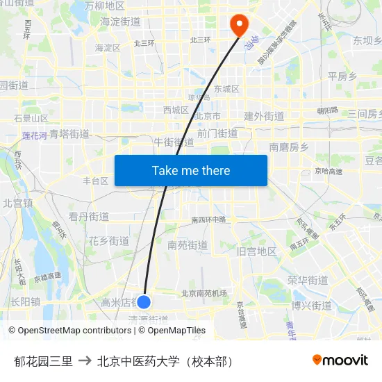 郁花园三里 to 北京中医药大学（校本部） map