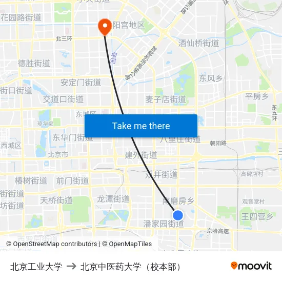 北京工业大学 to 北京中医药大学（校本部） map