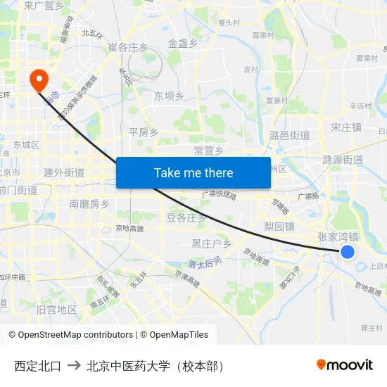 西定北口 to 北京中医药大学（校本部） map