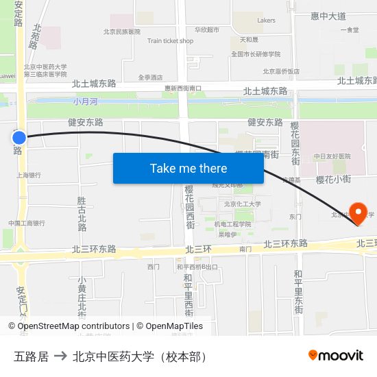 五路居 to 北京中医药大学（校本部） map