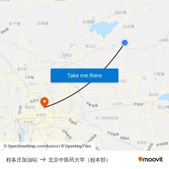 程各庄加油站 to 北京中医药大学（校本部） map