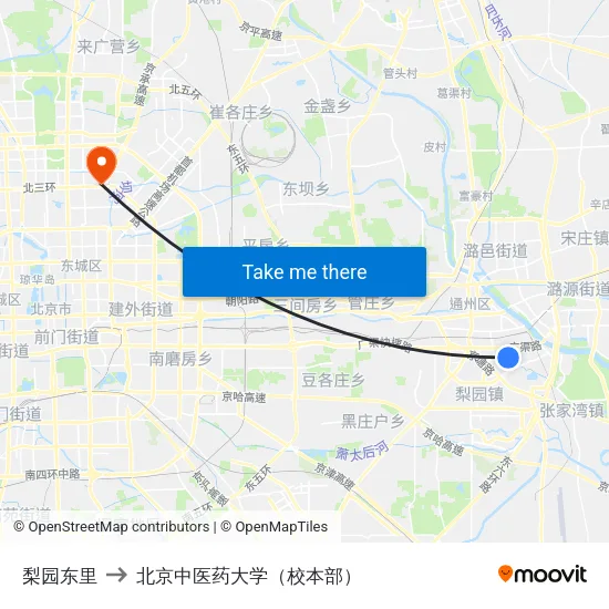 梨园东里 to 北京中医药大学（校本部） map