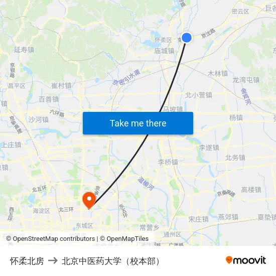 怀柔北房 to 北京中医药大学（校本部） map