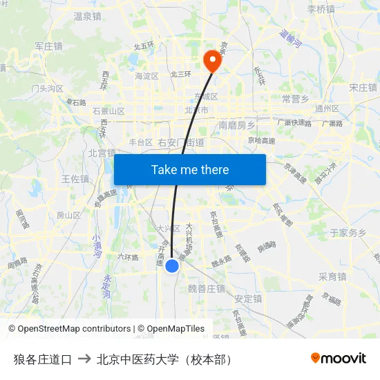 狼各庄道口 to 北京中医药大学（校本部） map