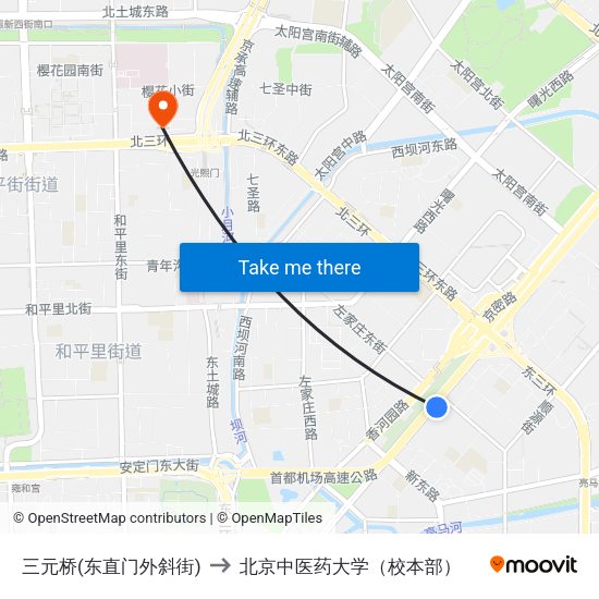 三元桥(东直门外斜街) to 北京中医药大学（校本部） map