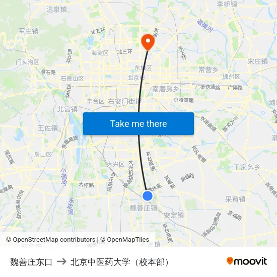 魏善庄东口 to 北京中医药大学（校本部） map