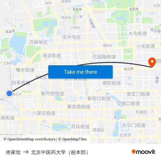 佟家坟 to 北京中医药大学（校本部） map
