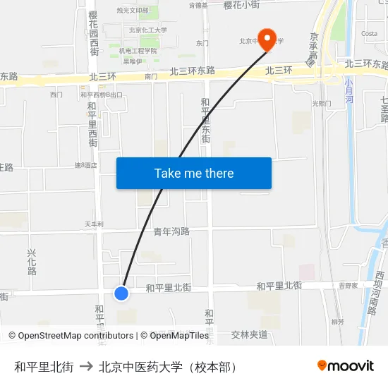 和平里北街 to 北京中医药大学（校本部） map