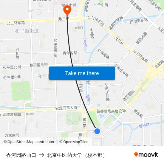 香河园路西口 to 北京中医药大学（校本部） map