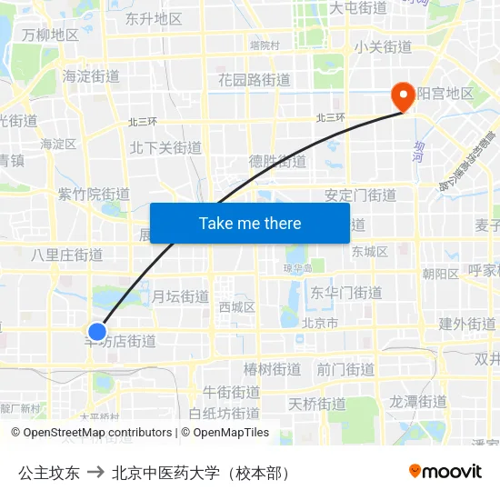 公主坟东 to 北京中医药大学（校本部） map