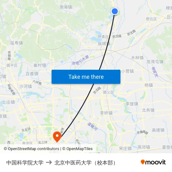 中国科学院大学 to 北京中医药大学（校本部） map