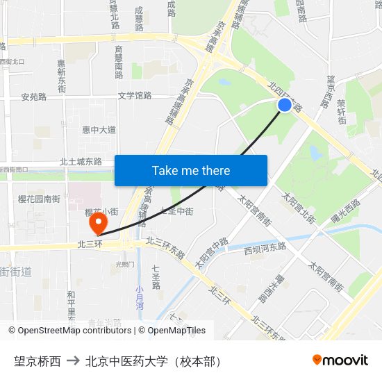 望京桥西 to 北京中医药大学（校本部） map