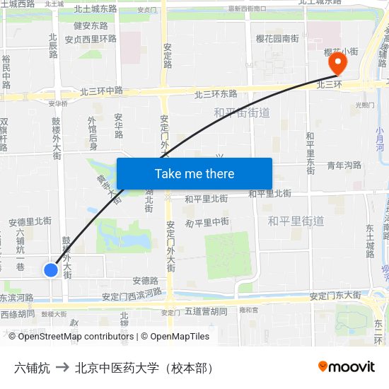 六铺炕 to 北京中医药大学（校本部） map
