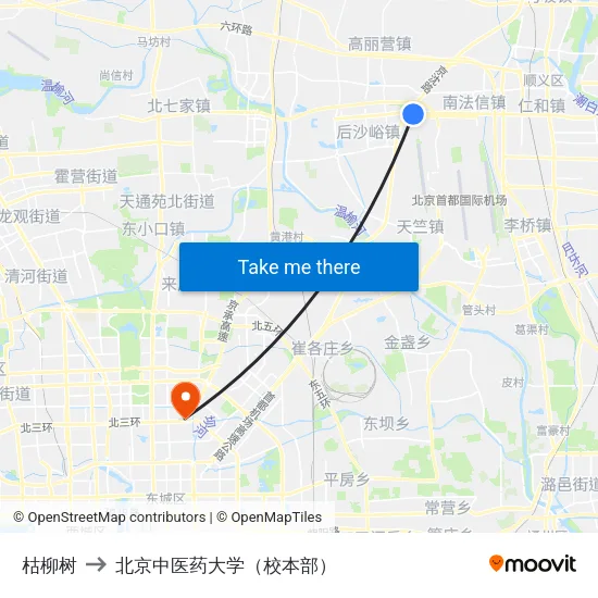 枯柳树 to 北京中医药大学（校本部） map