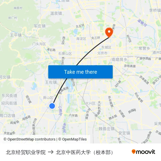 北京经贸职业学院 to 北京中医药大学（校本部） map
