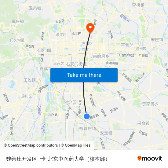 魏善庄开发区 to 北京中医药大学（校本部） map