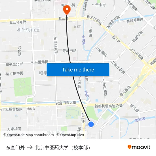 东直门外 to 北京中医药大学（校本部） map