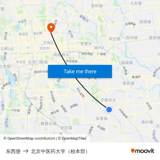 东西垡 to 北京中医药大学（校本部） map