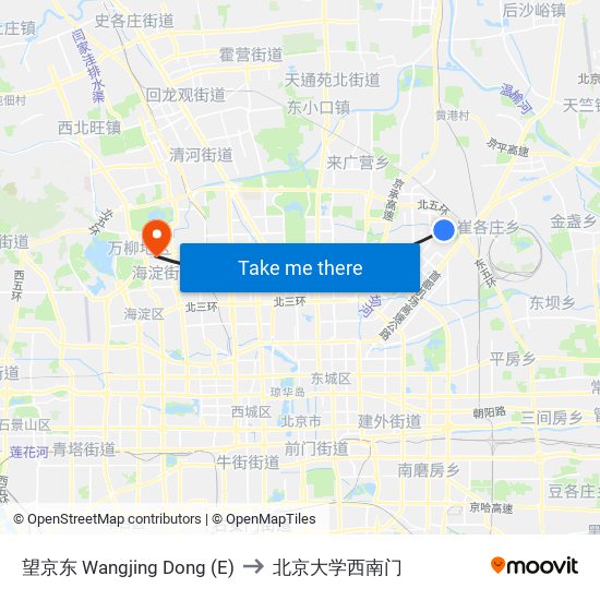 望京东 Wangjing Dong (E) to 北京大学西南门 map