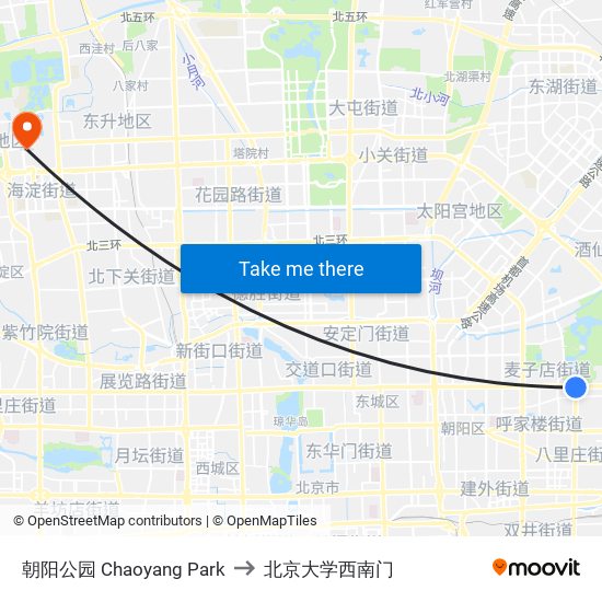 朝阳公园 Chaoyang Park to 北京大学西南门 map