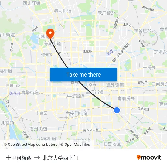 十里河桥西 to 北京大学西南门 map