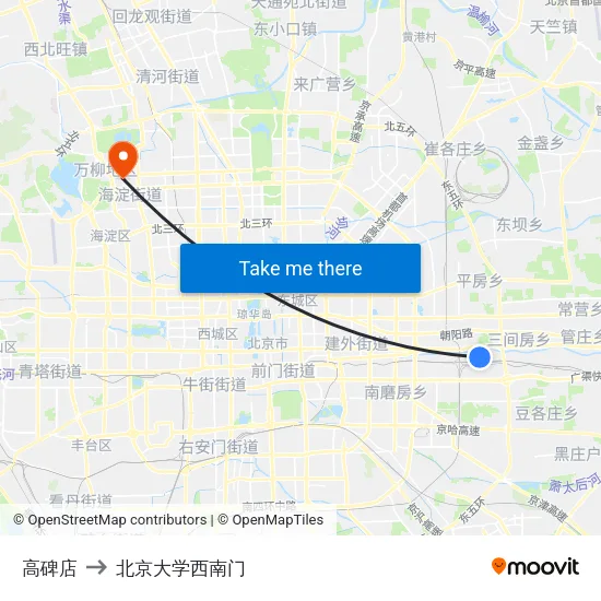 高碑店 to 北京大学西南门 map