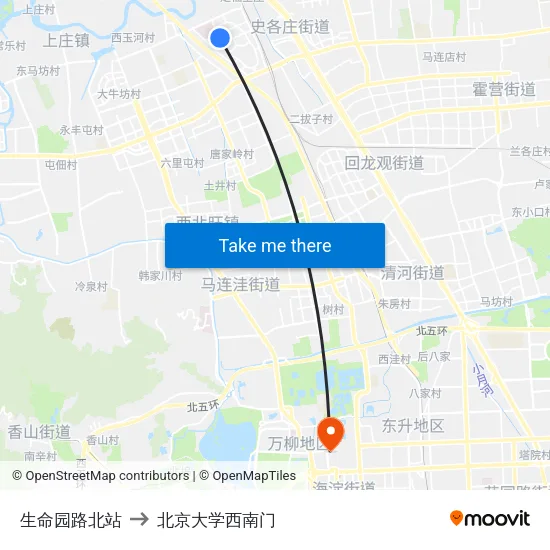 生命园路北站 to 北京大学西南门 map