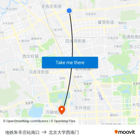 地铁朱辛庄站南口 to 北京大学西南门 map