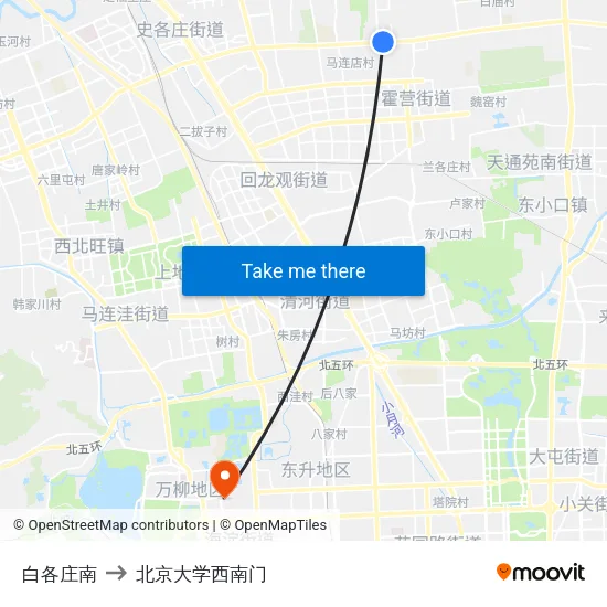 白各庄南 to 北京大学西南门 map