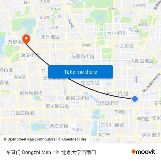 东直门 Dongzhi Men to 北京大学西南门 map