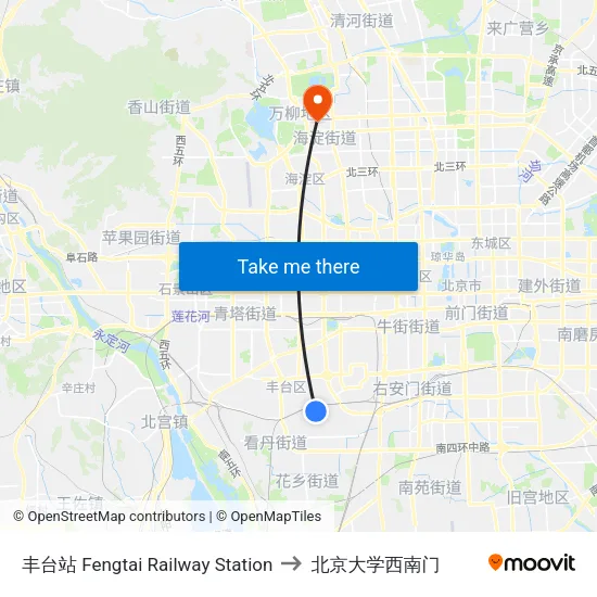 丰台站 Fengtai Railway Station to 北京大学西南门 map