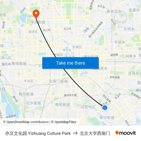 亦庄文化园 Yizhuang Culture Park to 北京大学西南门 map