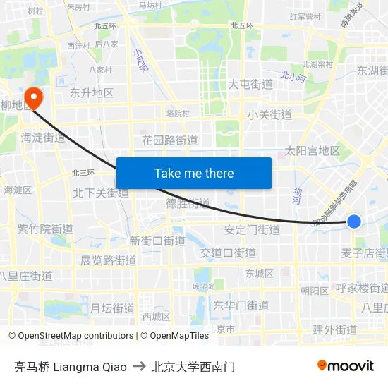 亮马桥 Liangma Qiao to 北京大学西南门 map